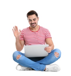 Photo of Man using laptop for video chat isolated on white