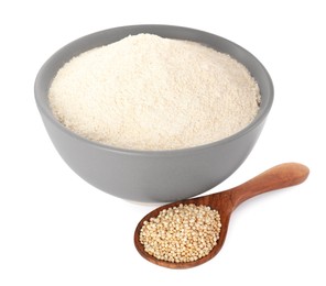 Photo of Quinoa flour in ceramic bowl and wooden spoon with seeds on white background