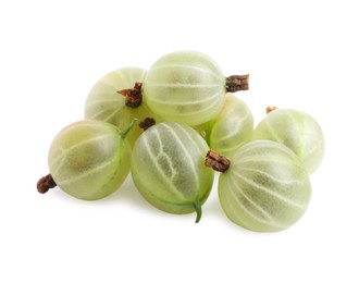 Pile of fresh ripe gooseberries on white background