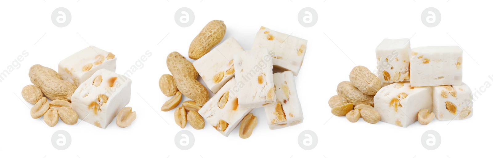 Image of Delicious nougat with peanuts on white background, collage design