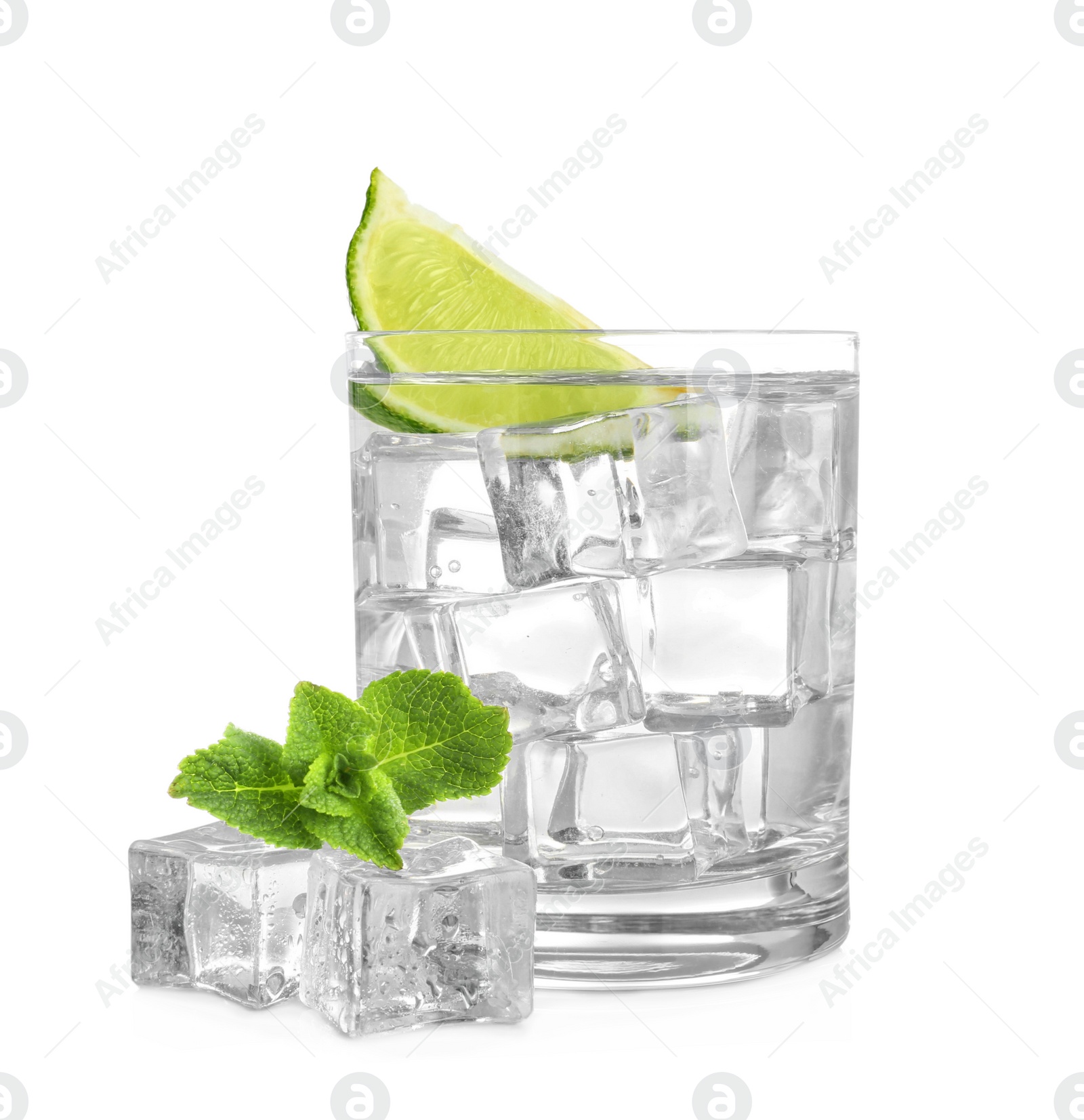 Photo of Glass of refreshing drink with ice cubes on white background