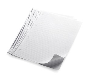 Photo of Stack of checkered paper sheets on white background