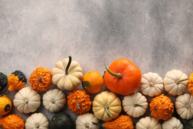 Photo of Different fresh ripe pumpkins on light grey table, flat lay. Space for text