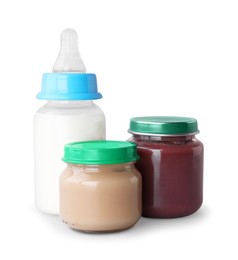 Photo of Healthy baby food and bottle with milk on light grey background