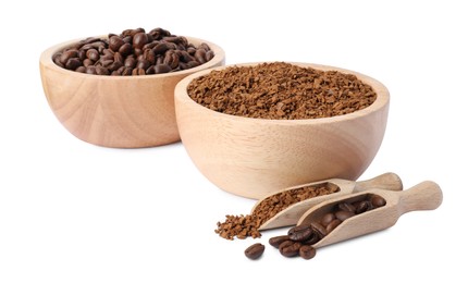 Photo of Bowls and scoops with instant coffee, roasted beans on white background