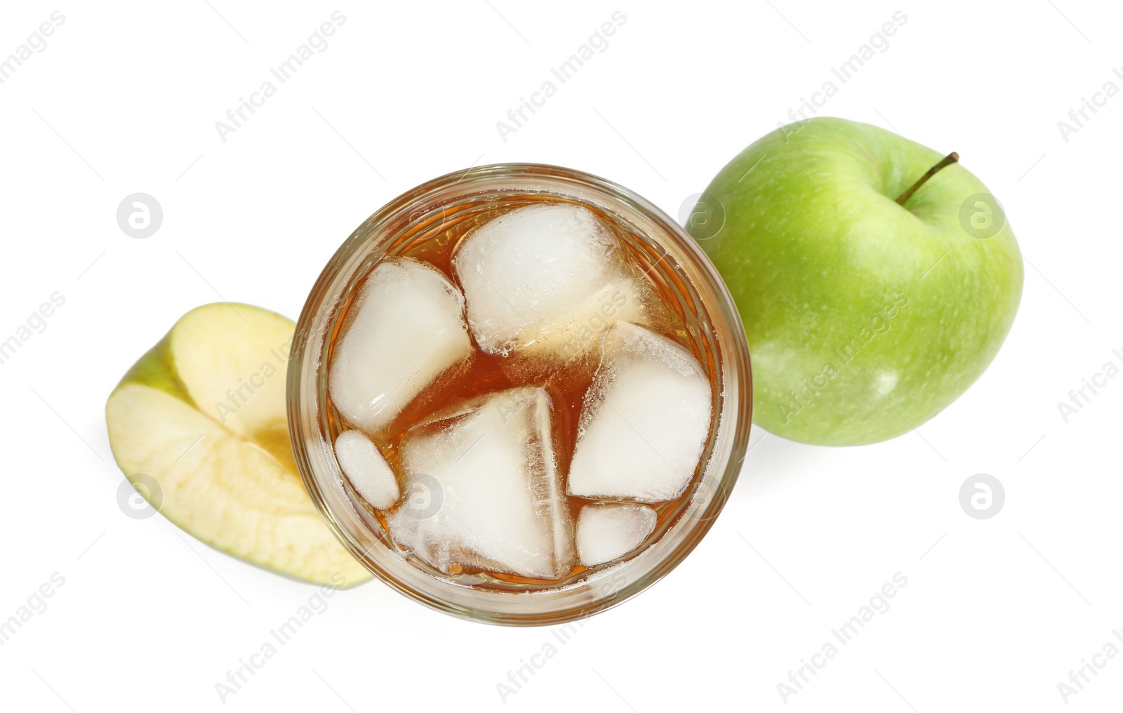 Photo of Glass of apple juice with ice and fresh fruit on white background, top view