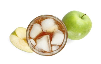 Glass of apple juice with ice and fresh fruit on white background, top view