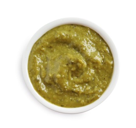 Photo of Delicious pesto sauce in bowl on white background, top view
