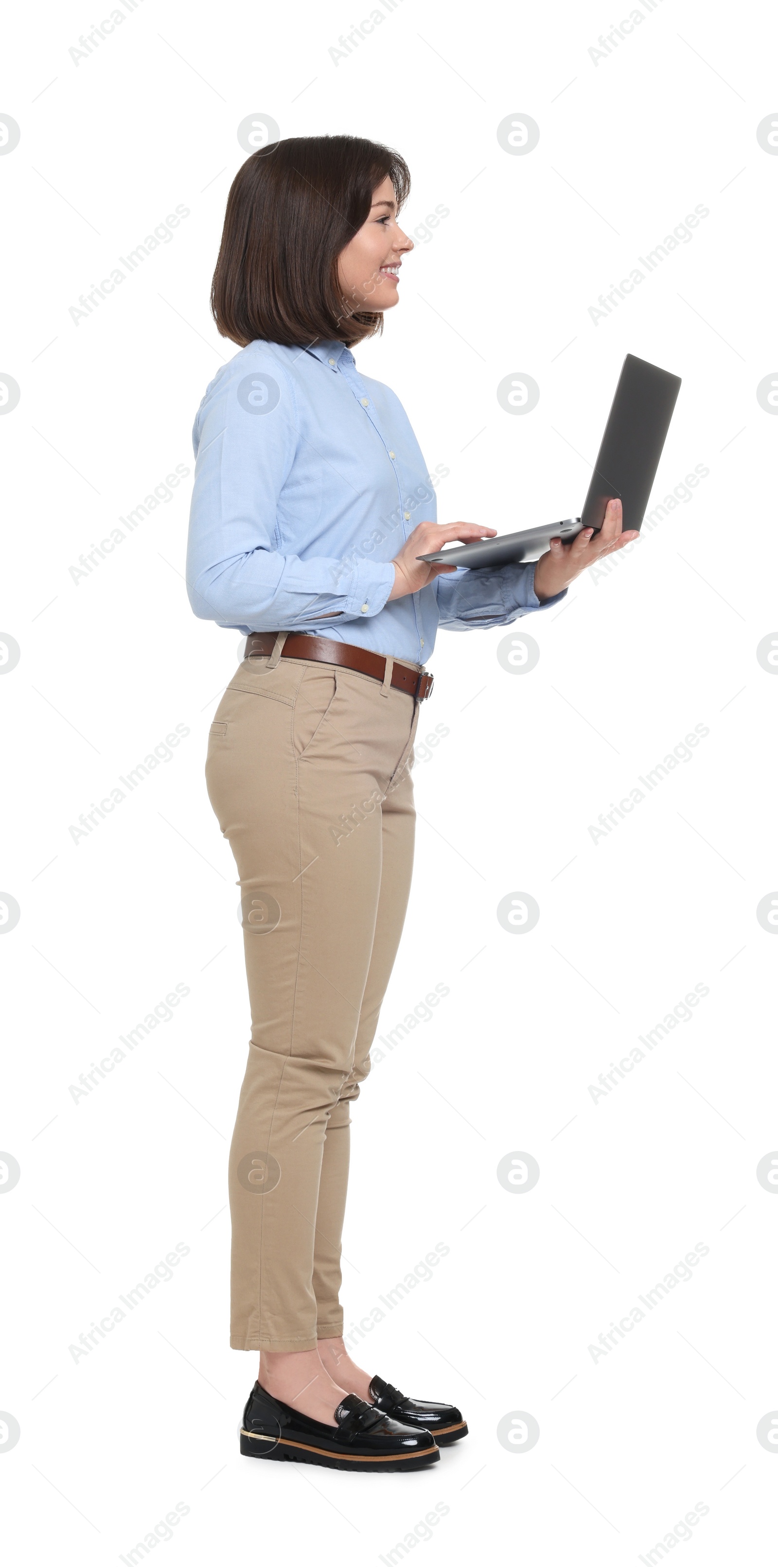 Photo of Happy businesswoman woman using laptop on white background