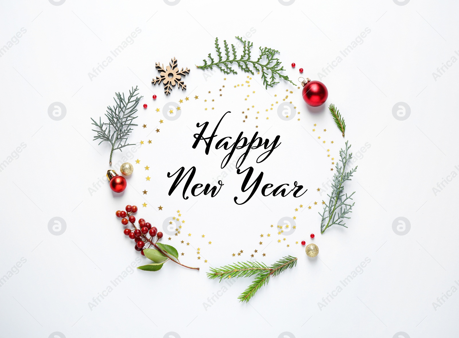 Image of Happy New Year! Flat lay composition with fit tree branches and festive decor on white background 