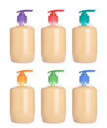 Image of Set with bottles of liquid soap on white background