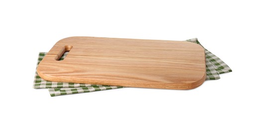 Photo of Wooden cutting board and checkered towel isolated on white