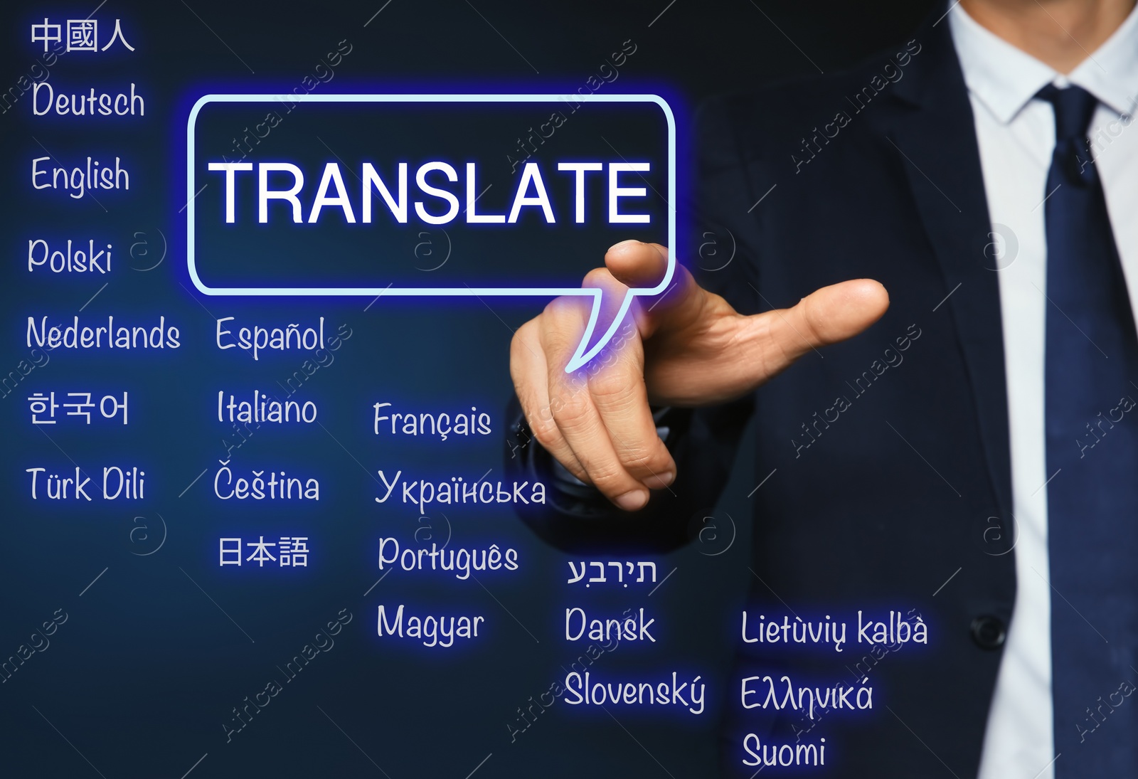 Image of Translator pointing at virtual screen with names of different languages on dark blue background, closeup