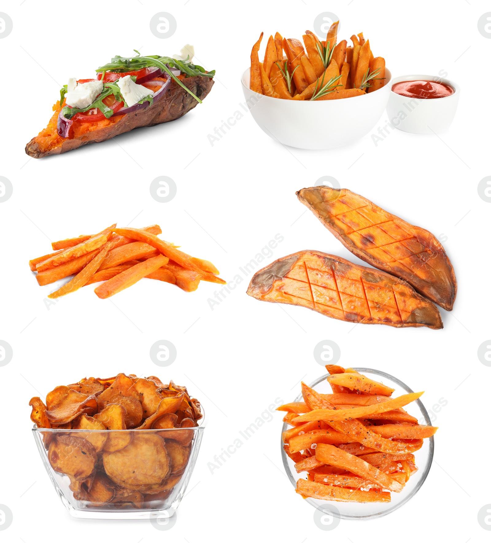 Image of Set of delicious cooked sweet potatoes on white background