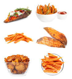 Image of Set of delicious cooked sweet potatoes on white background