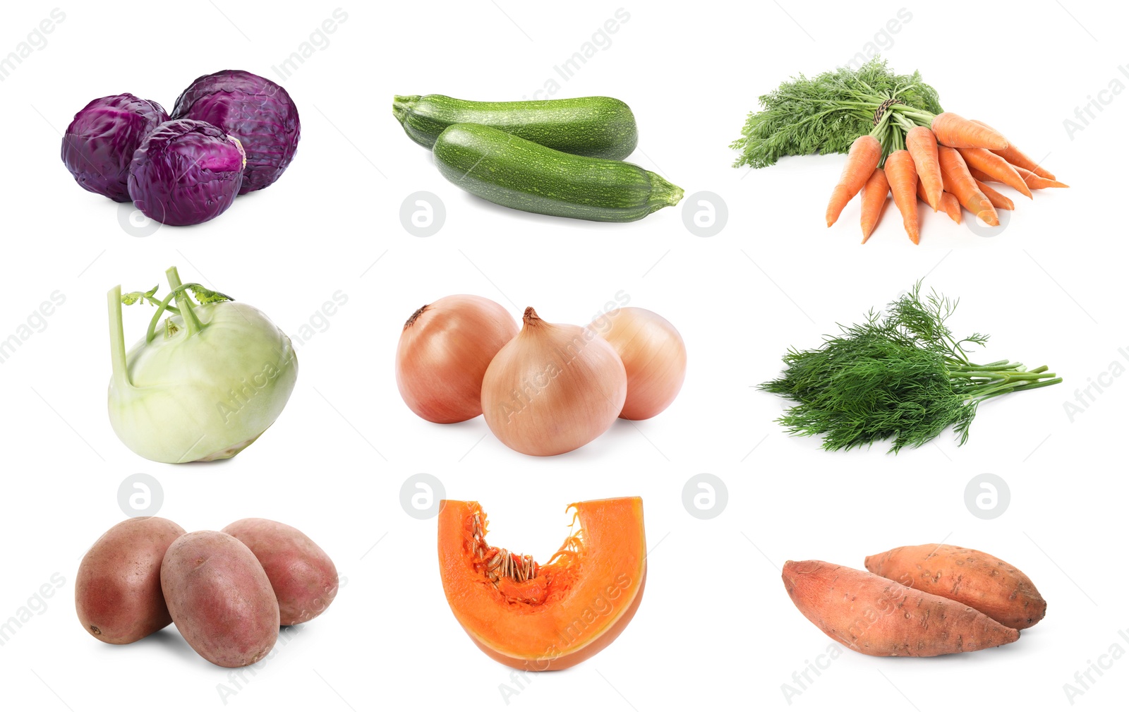 Image of Collage with many fresh vegetables on white background