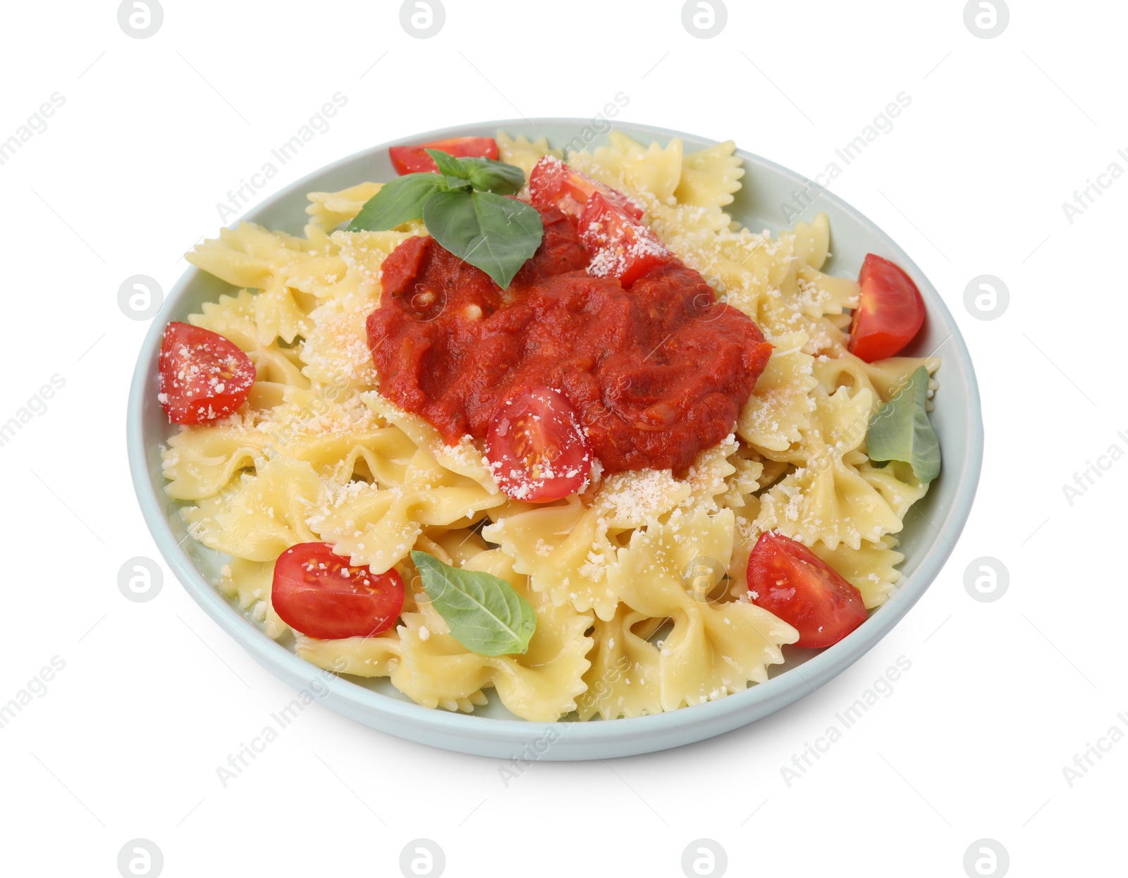 Photo of Tasty pasta with tomato sauce, cheese and basil isolated on white