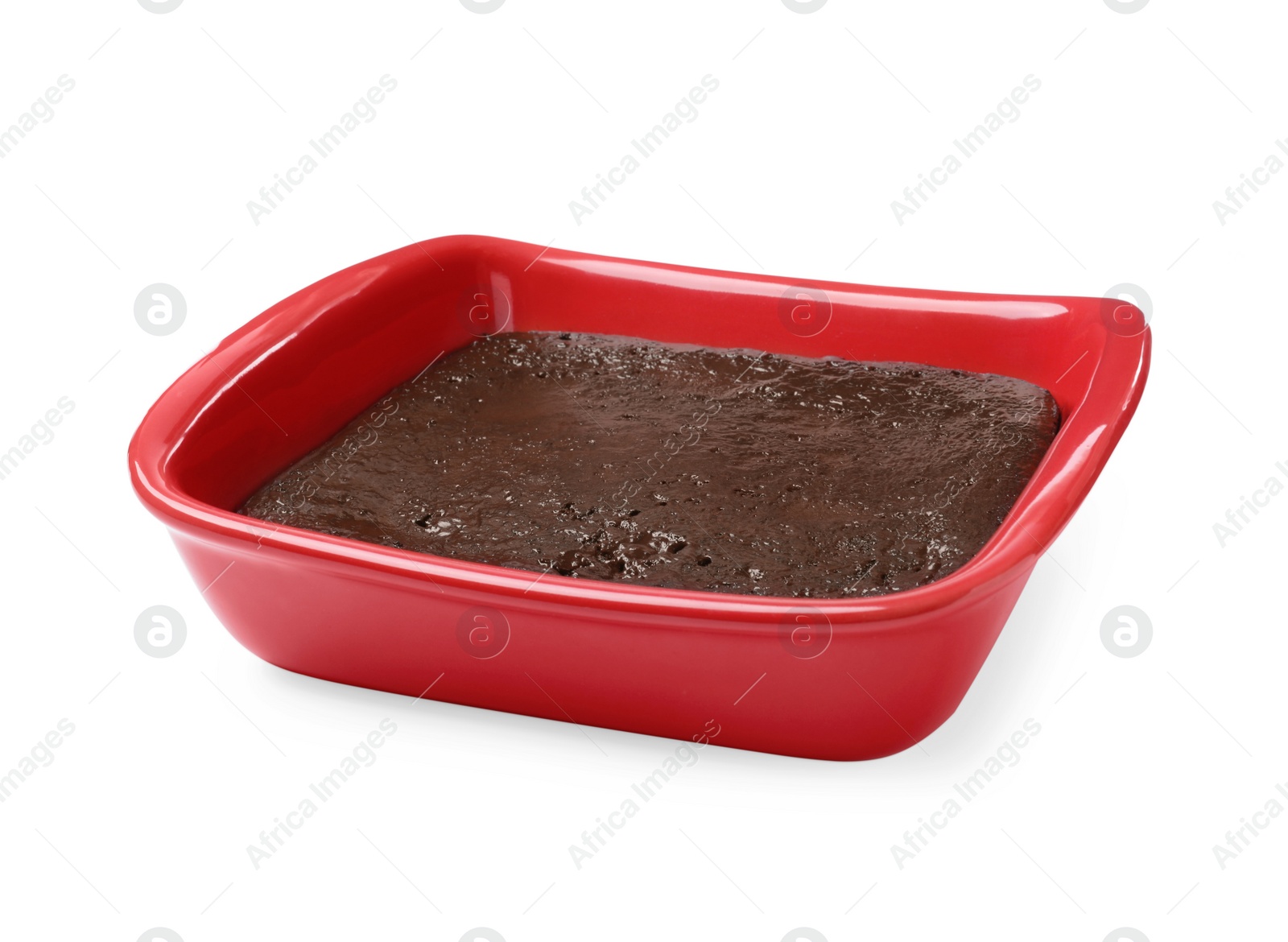 Photo of Delicious chocolate brownie in baking dish on white background