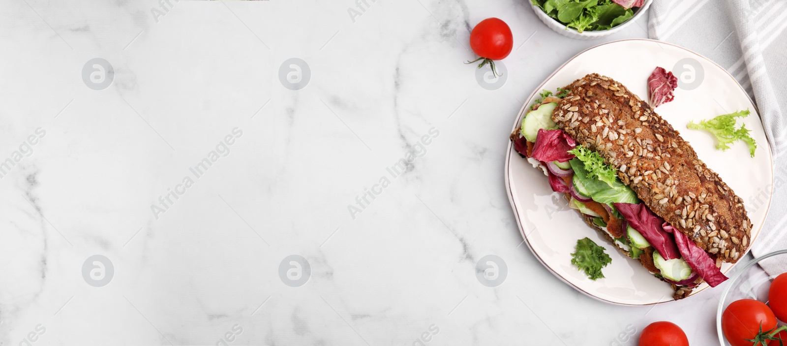 Image of Delicious sandwich with schnitzel and ingredients on white marble table, flat lay. Banner design with space for text