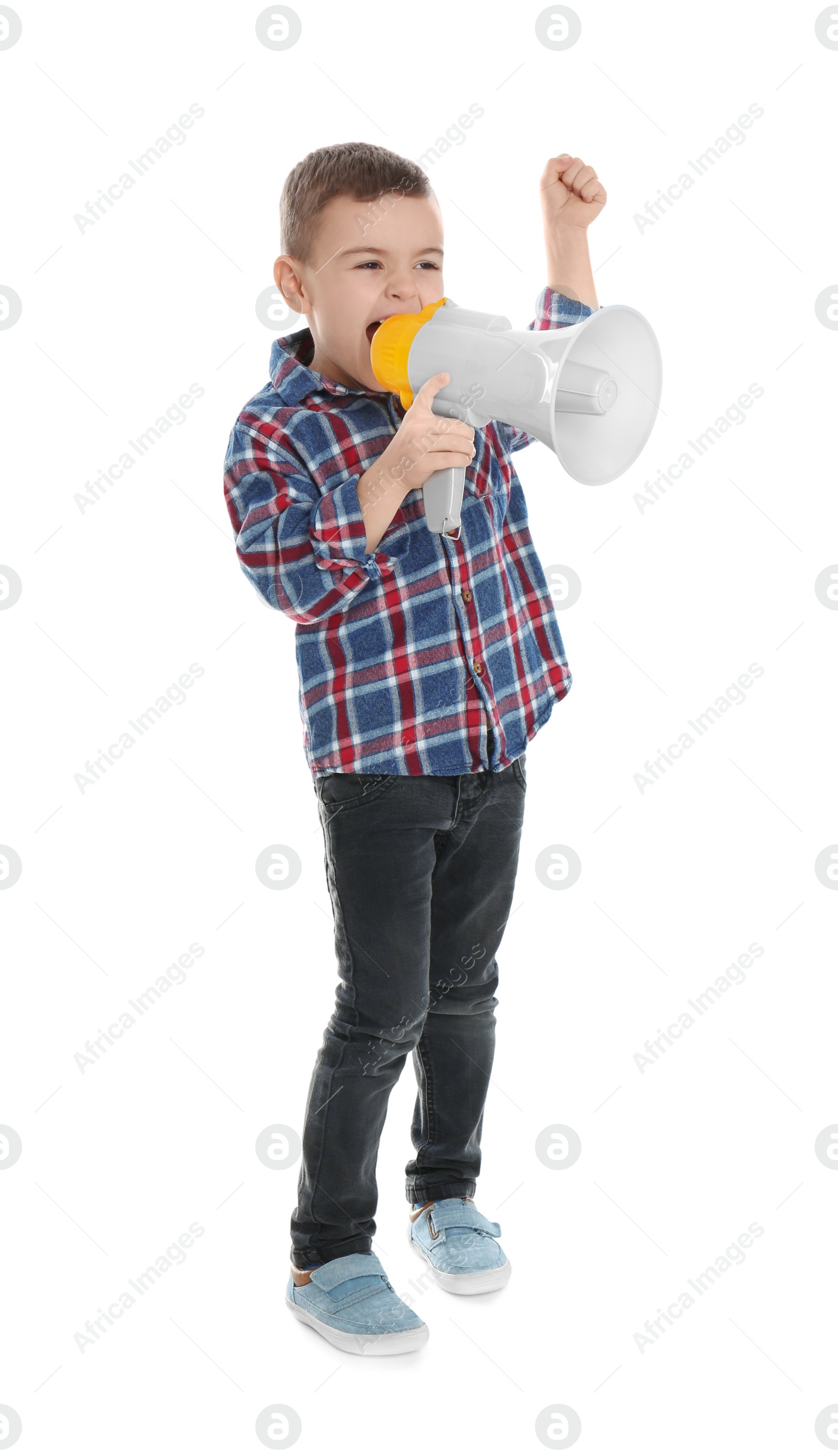 Photo of Cute funny boy with megaphone on white background