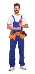 Professional plumber with pipe wrench and tool belt on white background