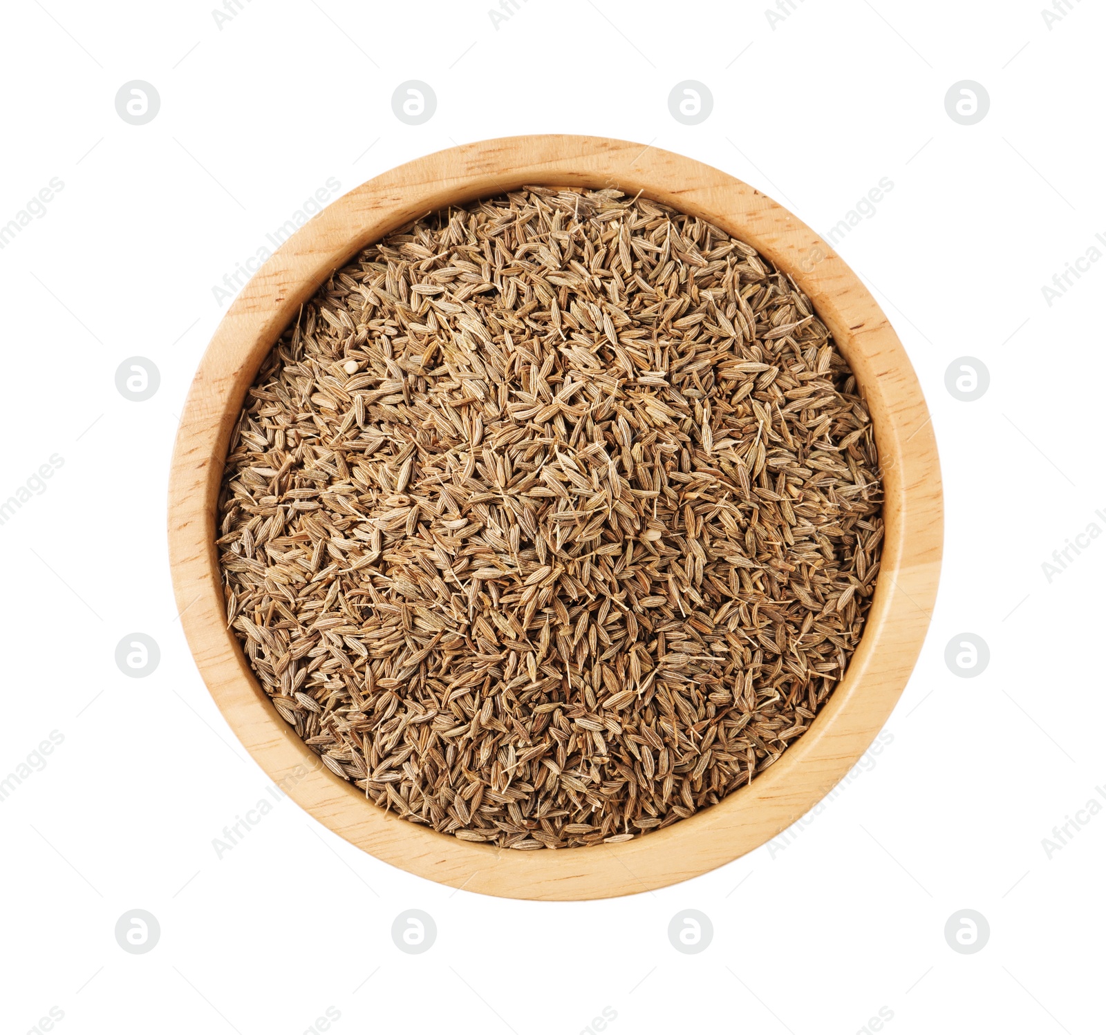 Photo of Bowl of aromatic caraway (Persian cumin) seeds isolated on white, top view