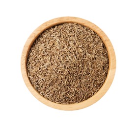 Photo of Bowl of aromatic caraway (Persian cumin) seeds isolated on white, top view