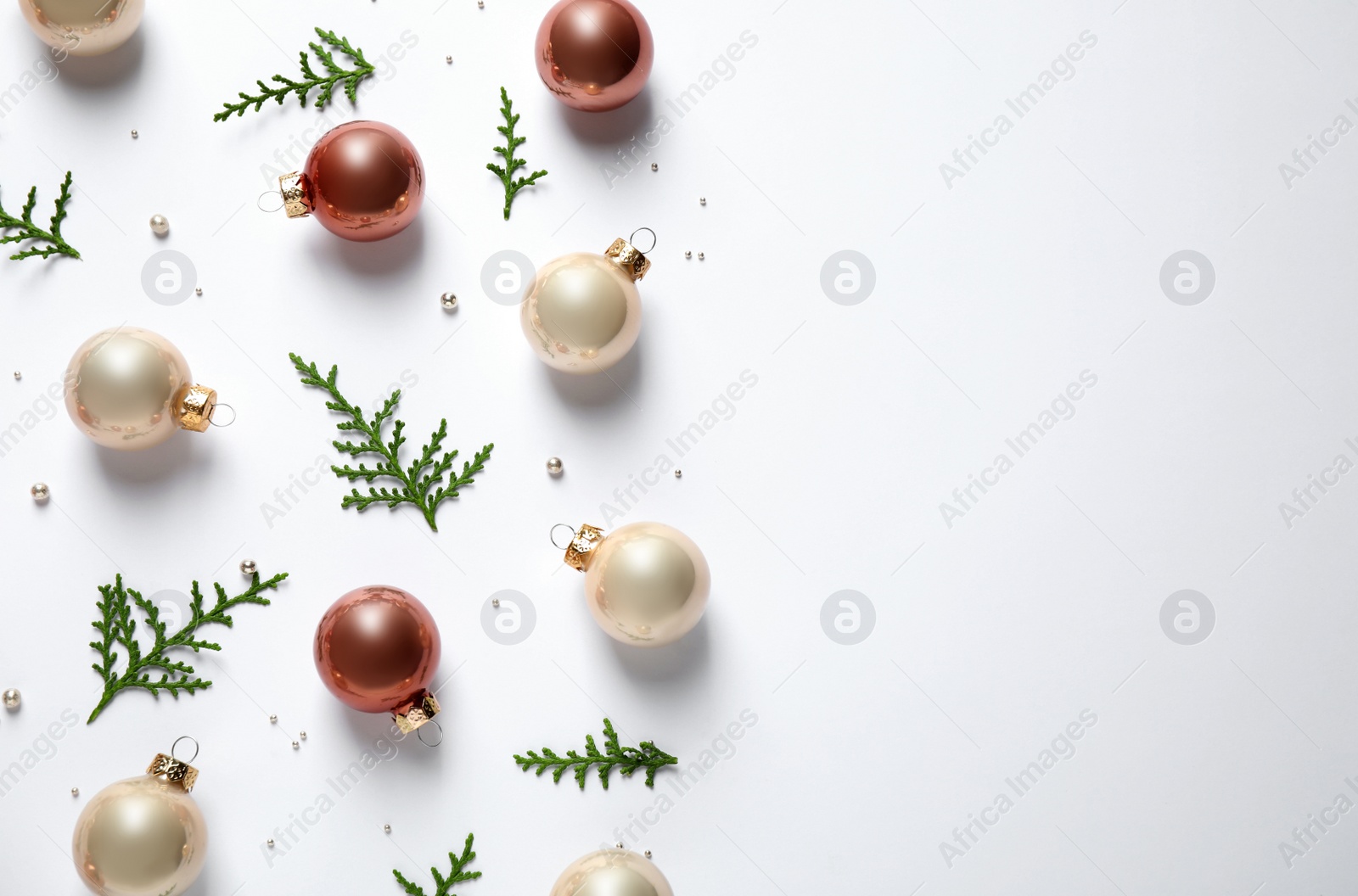 Photo of Flat lay composition with Christmas decorations on white background