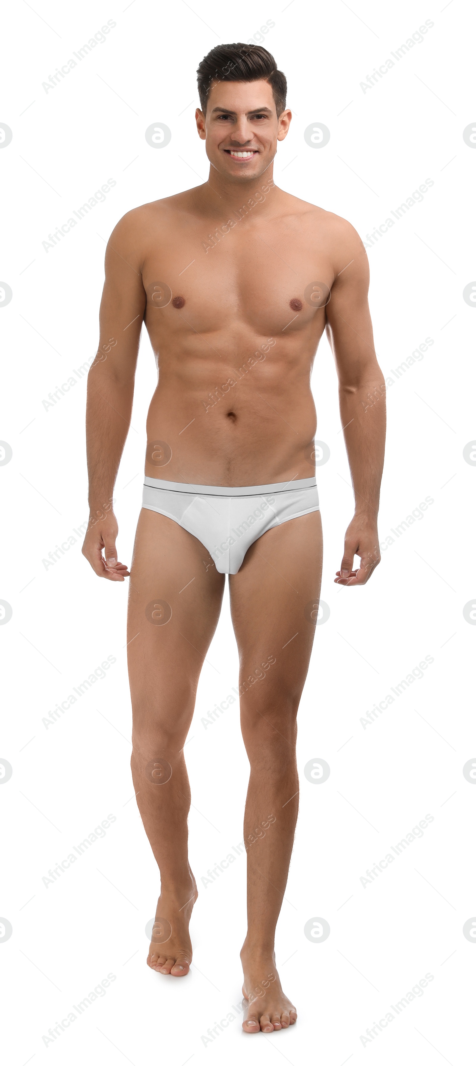 Photo of Handsome man in underwear on white background