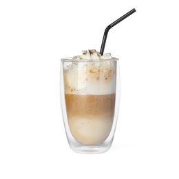 Photo of Delicious latte with whipped cream in glass isolated on white