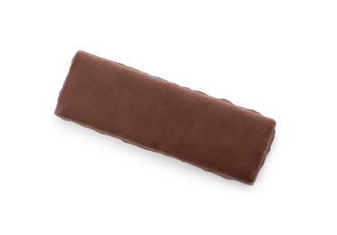 Photo of Tasty glazed protein bar on white background, top view