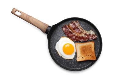 Photo of Frying pan with delicious fried egg, bacon and toast isolated on white, top view