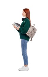 Photo of Woman with backpack and books on white background