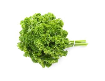 Photo of Bunch of fresh curly parsley on white background