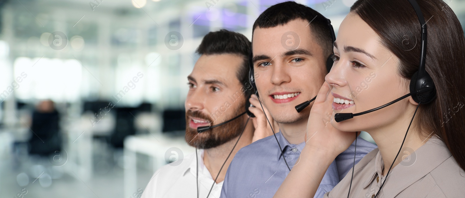 Image of Hotline operators with headsets in office, space for text. Banner design
