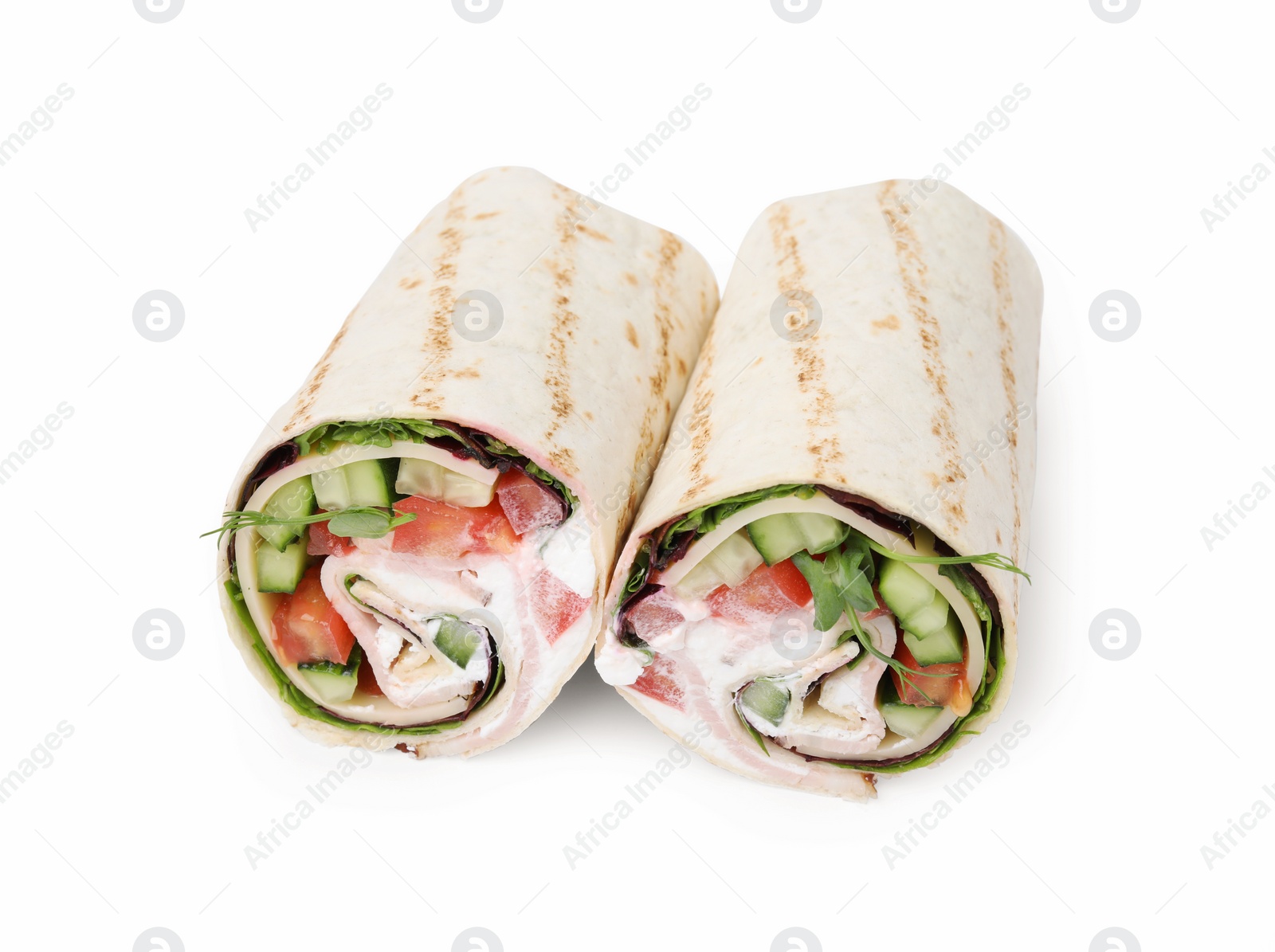 Photo of Delicious sandwich wraps with fresh vegetables isolated on white