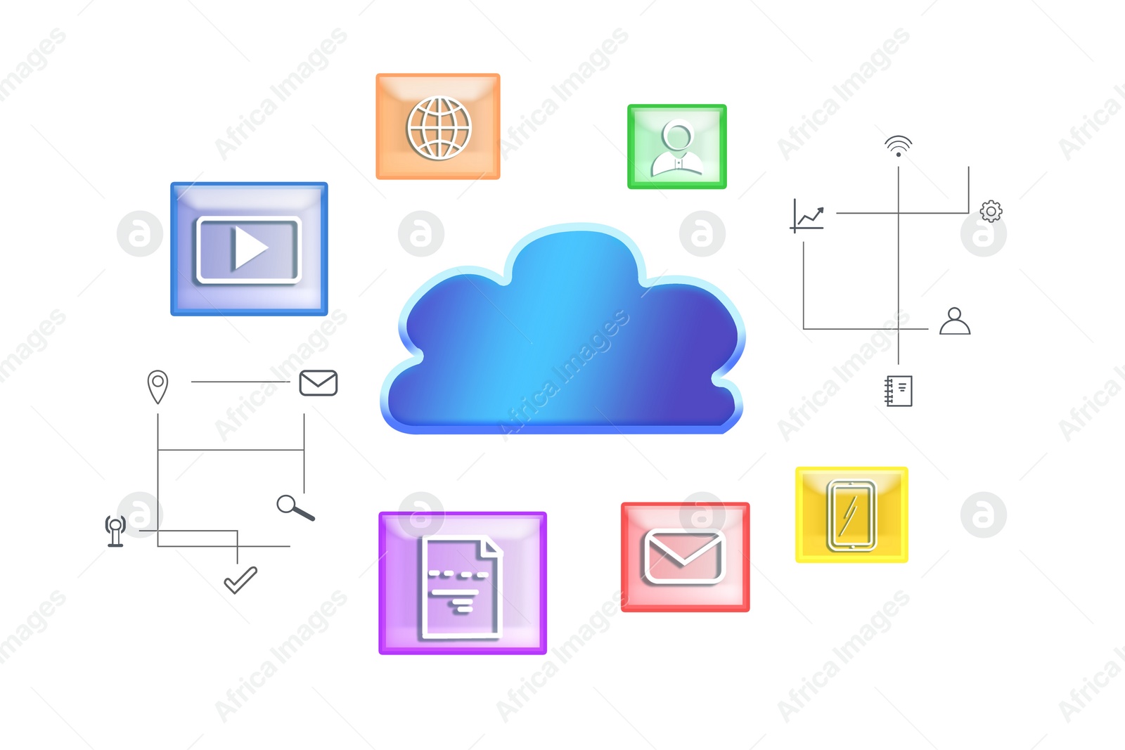 Illustration of  digital cloud with different icons on white background. Modern technology concept 