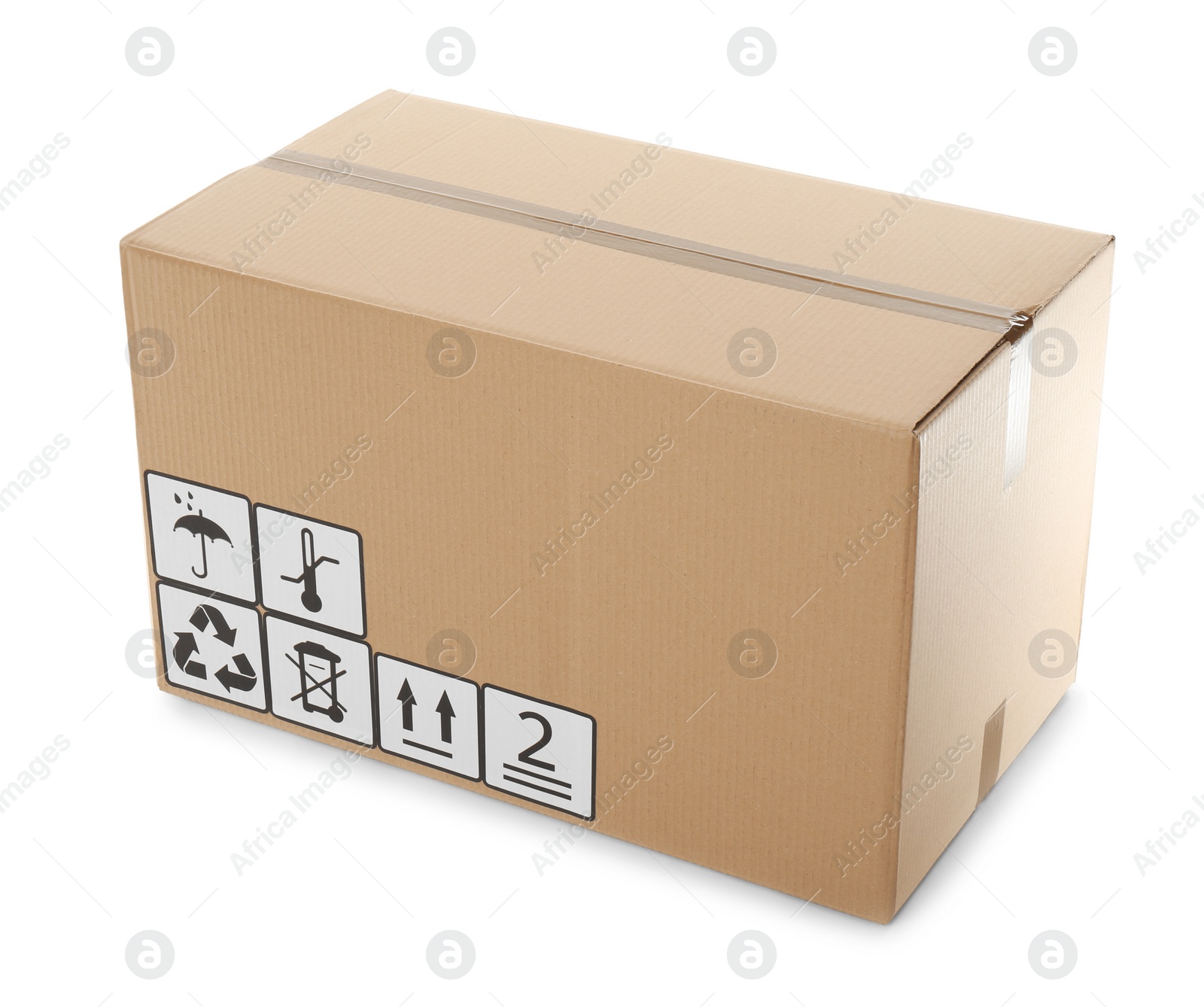 Photo of Cardboard box with shipping label isolated on white