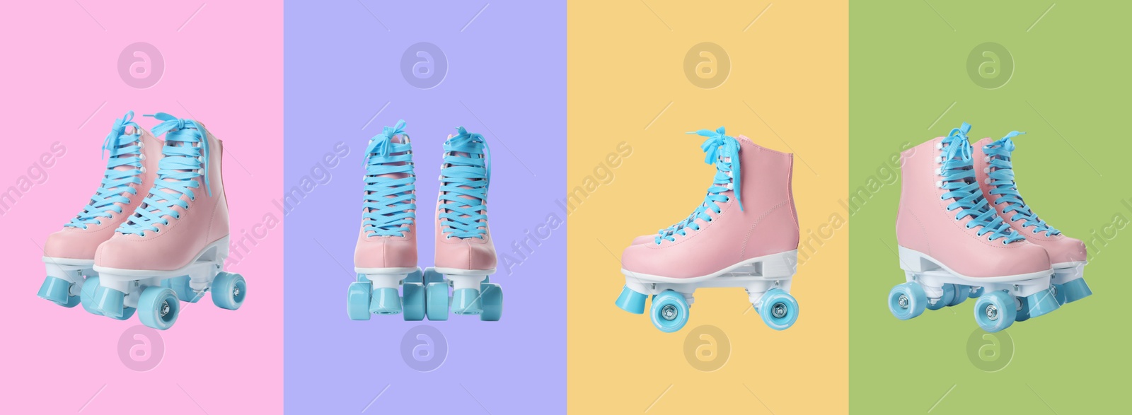 Image of Collage with roller skates on various color backgrounds, views from different sides. Banner design