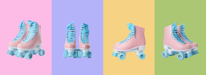 Collage with roller skates on various color backgrounds, views from different sides. Banner design