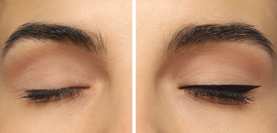 Image of Collage with photos of young woman before and after getting permanent eyeliner makeup, closeup. Banner design
