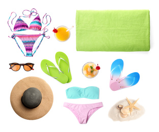 Set of items needed in summer vacation on white background