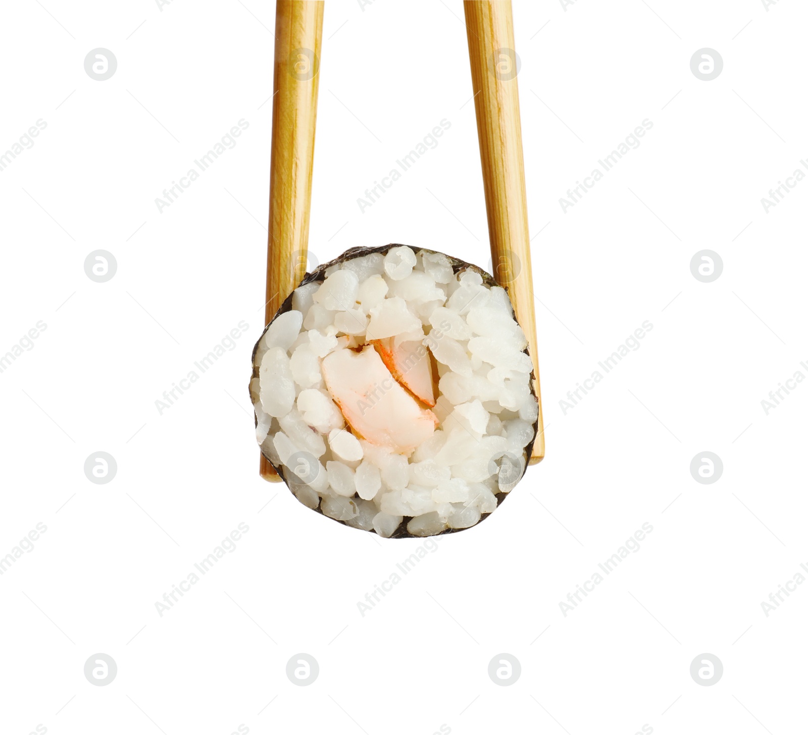 Photo of Chopsticks with tasty fresh sushi roll isolated on white