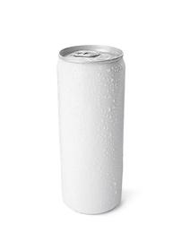 Photo of Empty aluminum can with beverage on white background. Mockup for design