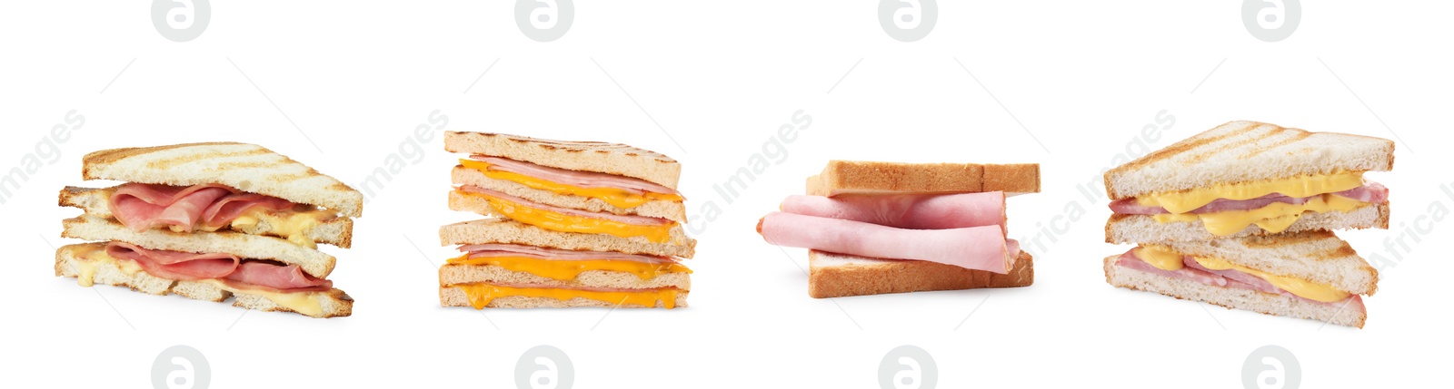 Image of Tasty sandwiches with ham isolated on white, collection