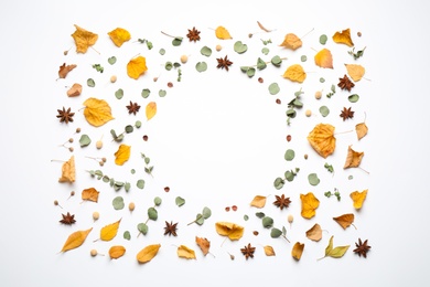 Flat lay composition with autumn leaves and space for text on white background