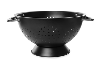 One black metal colander isolated on white