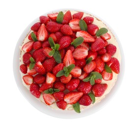 Photo of Tasty cake with fresh strawberries and mint isolated on white, top view