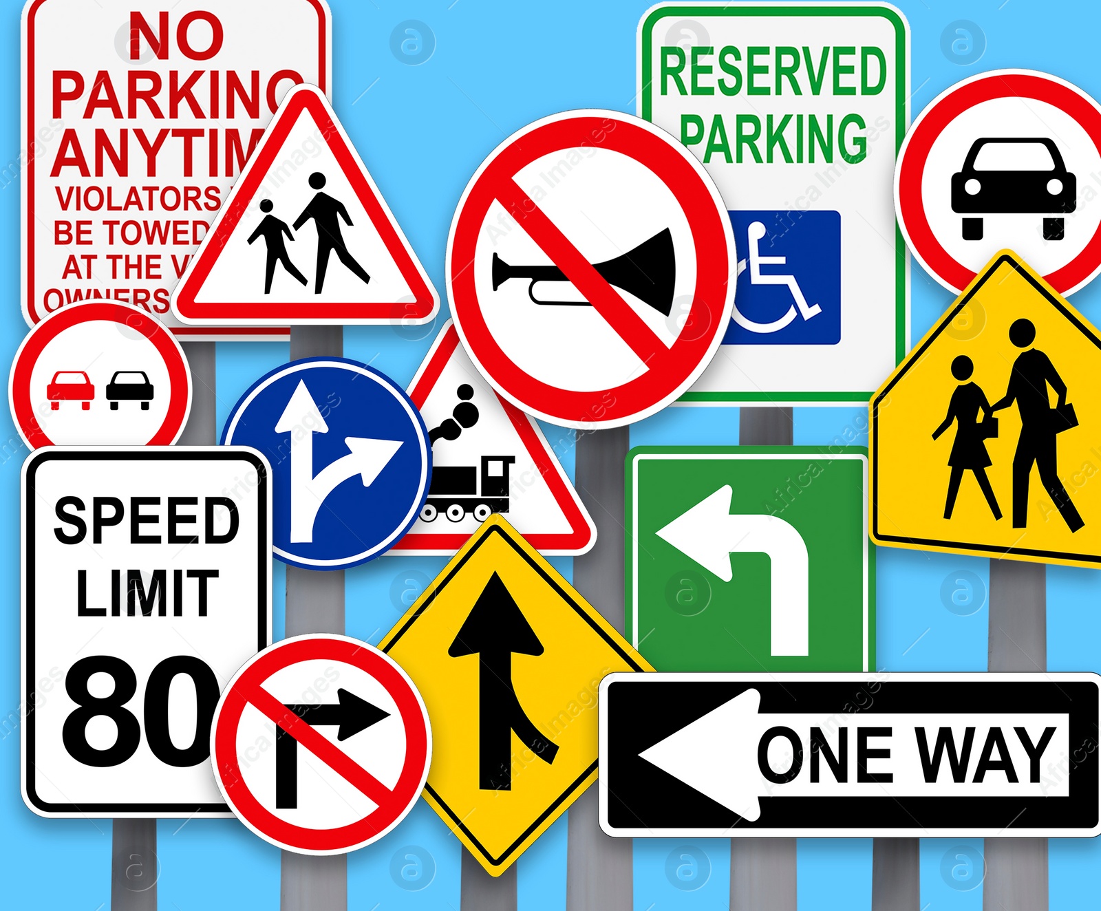 Image of Collection of different traffic signs on turquoise background