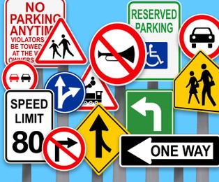 Image of Collection of different traffic signs on turquoise background